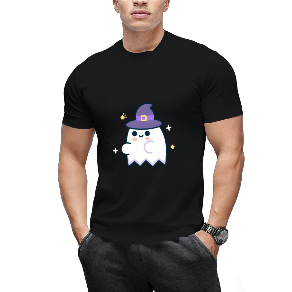 Kawaii Ghost with a Witch Hat Graphic T-Shirt