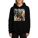 Women's hoodie seen on a model, its front graphic depicting a cartoon crew aboard an aircraft flying through portals