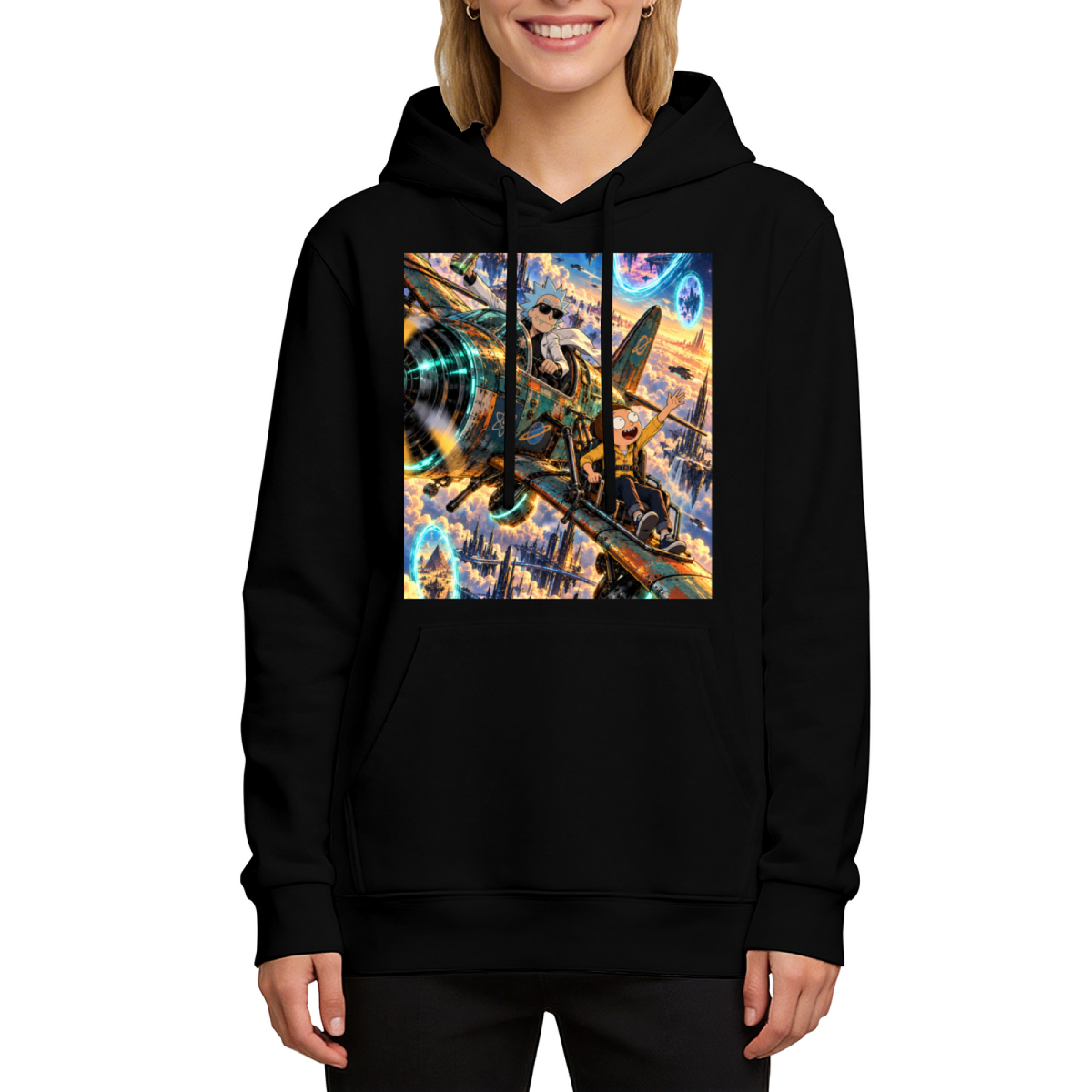 Women's hoodie seen on a model, its front graphic depicting a cartoon crew aboard an aircraft flying through portals