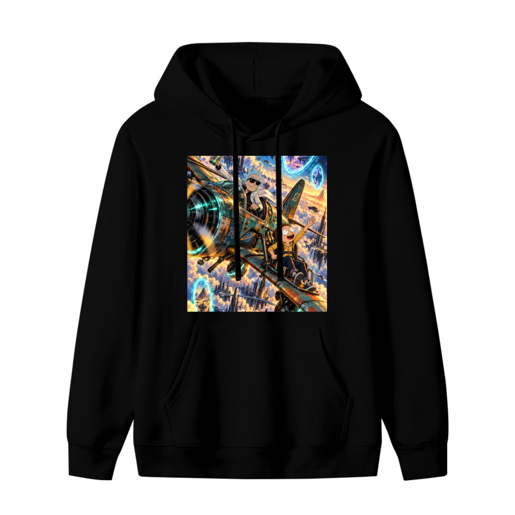 Front garment photograph: women's hoodie decorated with a cartoon crew aboard an aircraft flying through portals