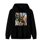 Front garment photograph: women's hoodie decorated with a cartoon crew aboard an aircraft flying through portals
