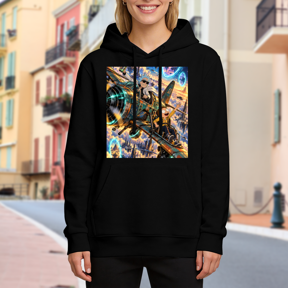 A cartoon crew aboard an aircraft flying through portals visible on a women's hoodie in an outdoor front model view