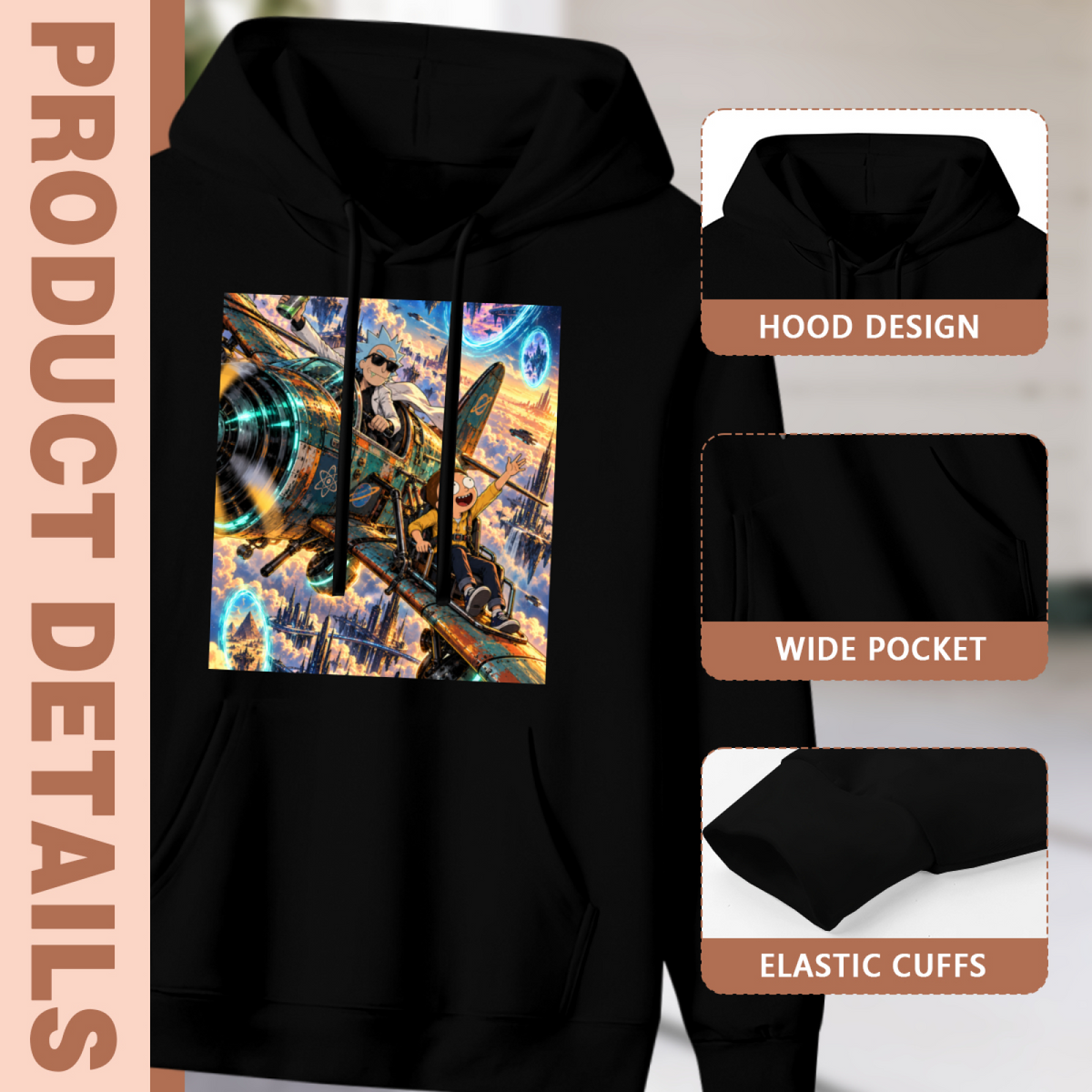 Women's Flying into Another World hoodie product-feature illustration with close views of the hood, pocket and cuffs