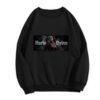 Standalone men's crewneck sweatshirt front displaying a graphic of a pigtail rebel portrait in a smoky horizontal panel with lettering