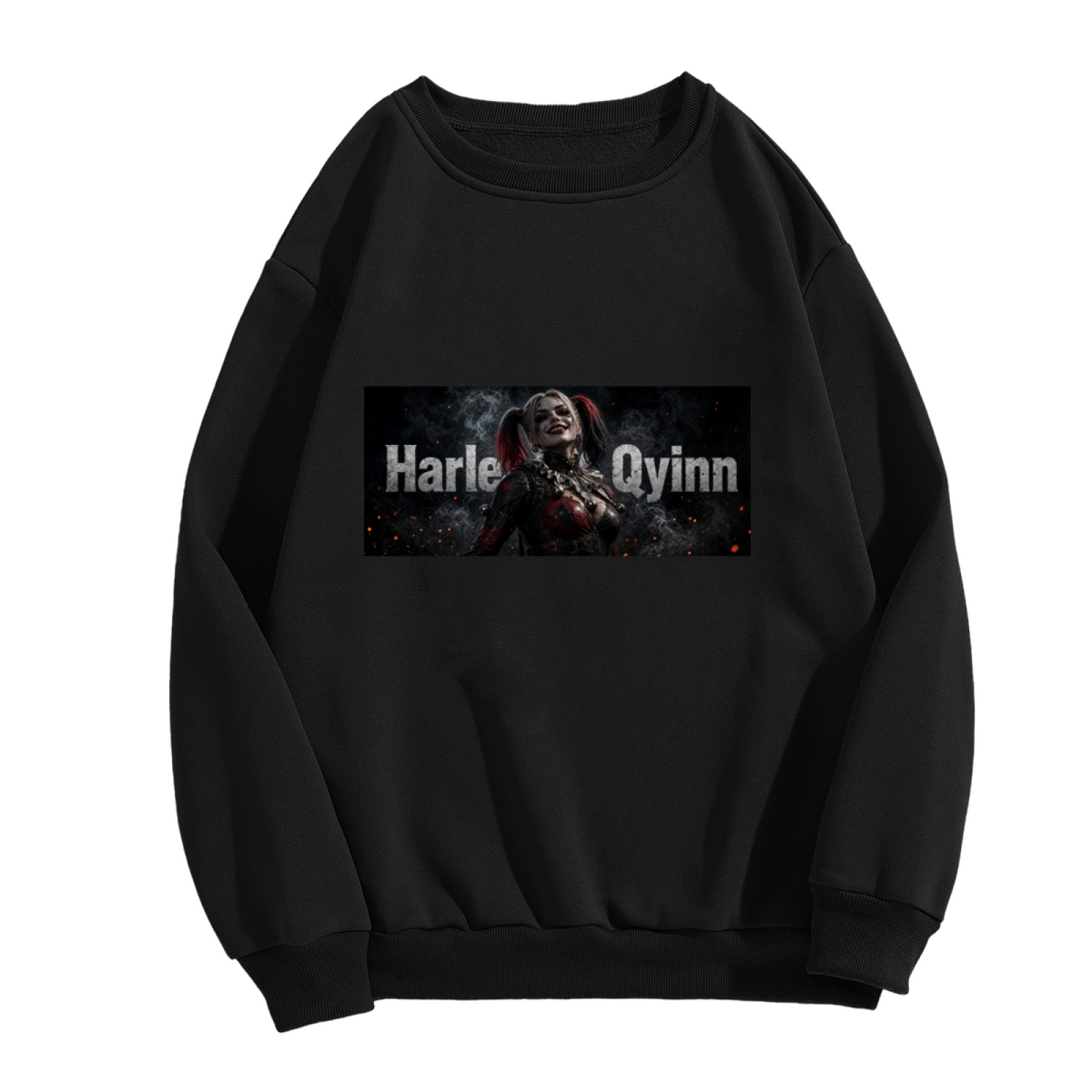 Standalone men's crewneck sweatshirt front displaying a graphic of a pigtail rebel portrait in a smoky horizontal panel with lettering