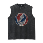 Grateful Dead washed graphic tank top with Dark Blue Tie-dye Featuring A Circular Logo With Red And Blue Sections And A Silver Skull graphic