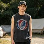 Grateful Dead washed graphic tank top with Dark Blue Tie-dye Featuring A Circular Logo With Red And Blue Sections And A Silver Skull graphic
