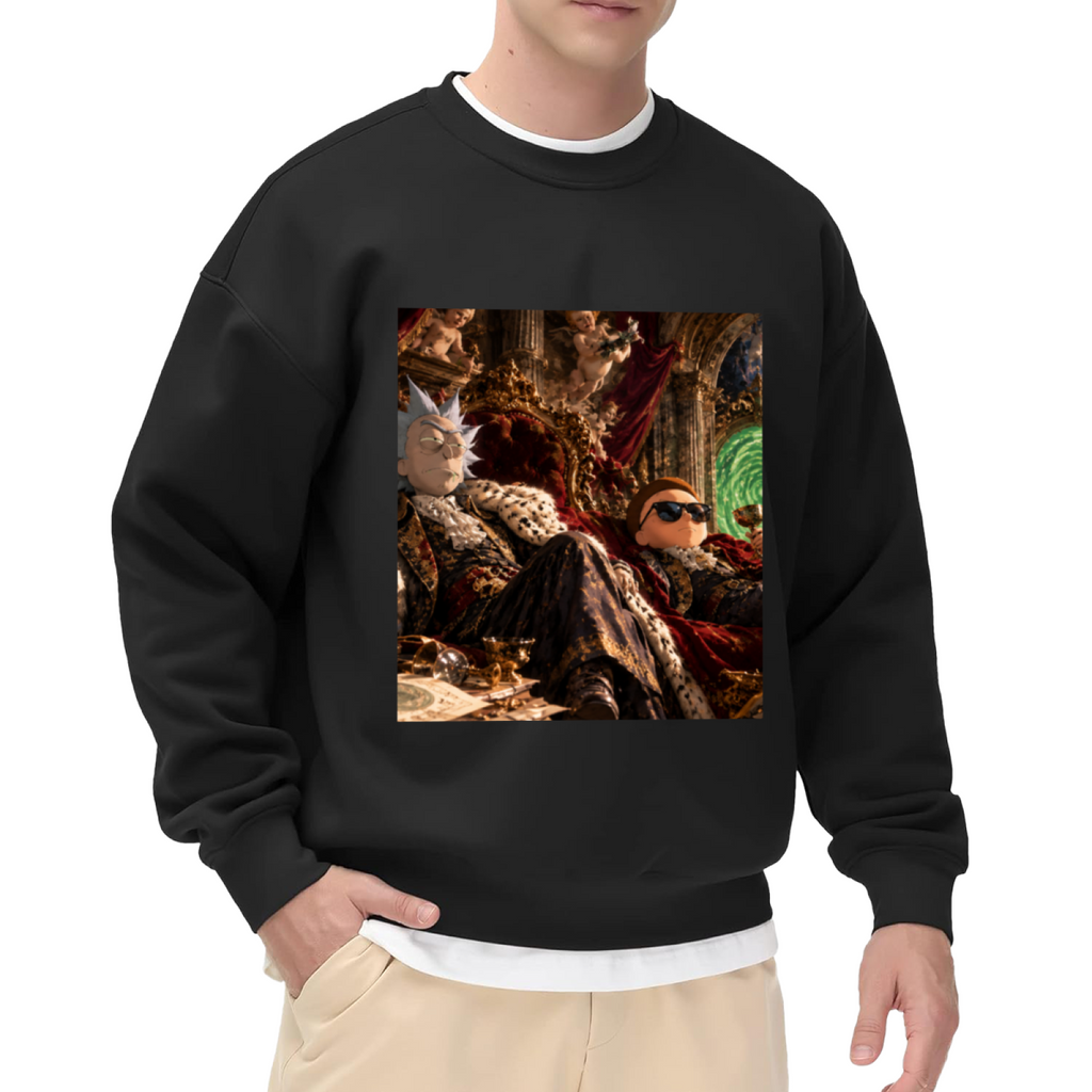On-model product photo: men's crewneck sweatshirt bearing figures gathered in a richly furnished palace lounge with a glowing portal