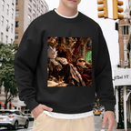Lifestyle image outdoors: men's crewneck sweatshirt with a front graphic of figures gathered in a richly furnished palace lounge with a glowing portal