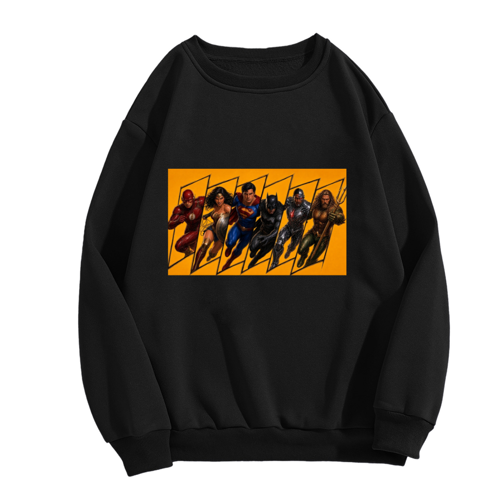 Standalone men's crewneck sweatshirt front displaying a graphic of a group of costumed figures charging across a warm-toned action panel