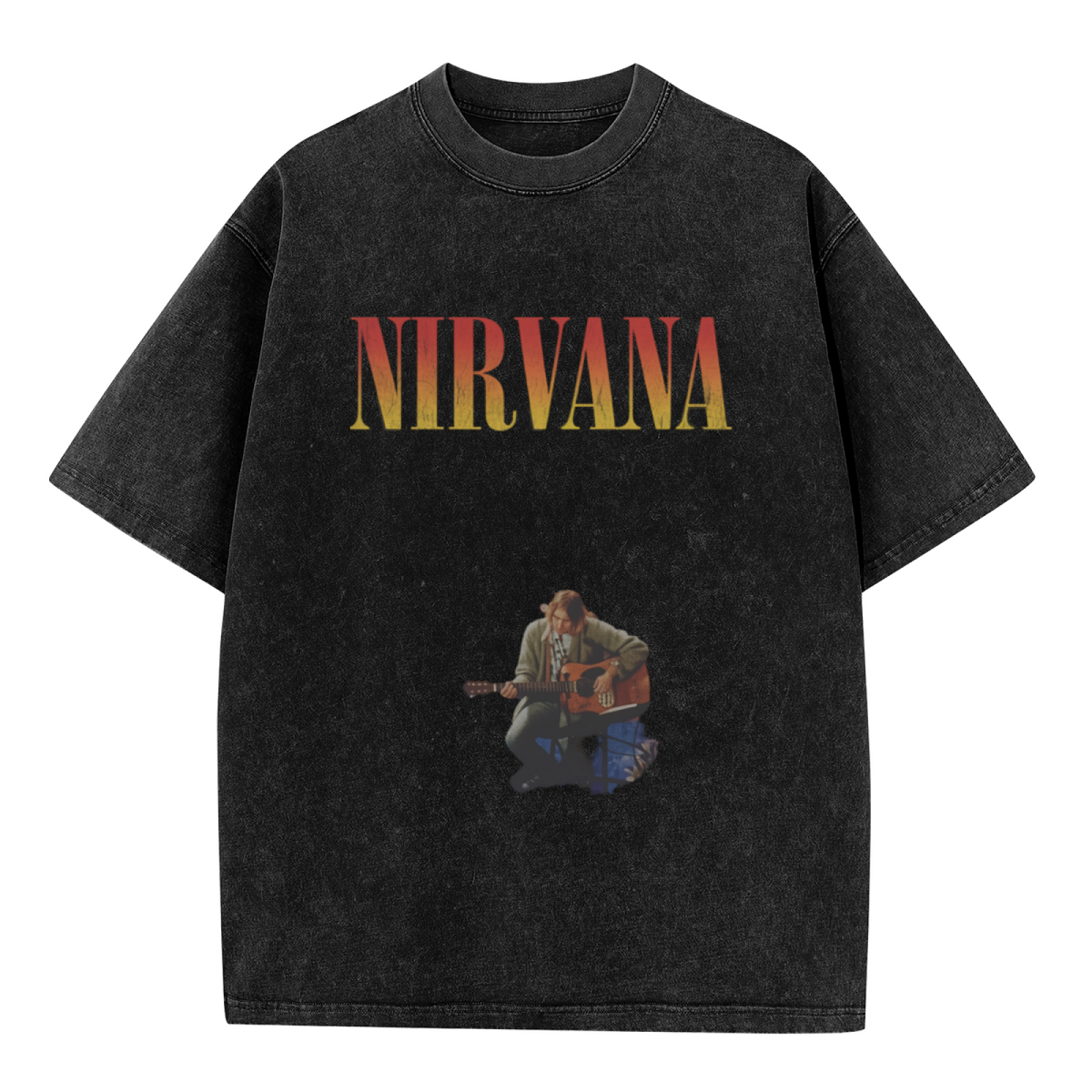 Nirvana Kurt Cobain Acoustic Washed Tee in Black, product image showing kurt Cobain seated with an acoustic guitar, with a Nirvana logo above the performance image.