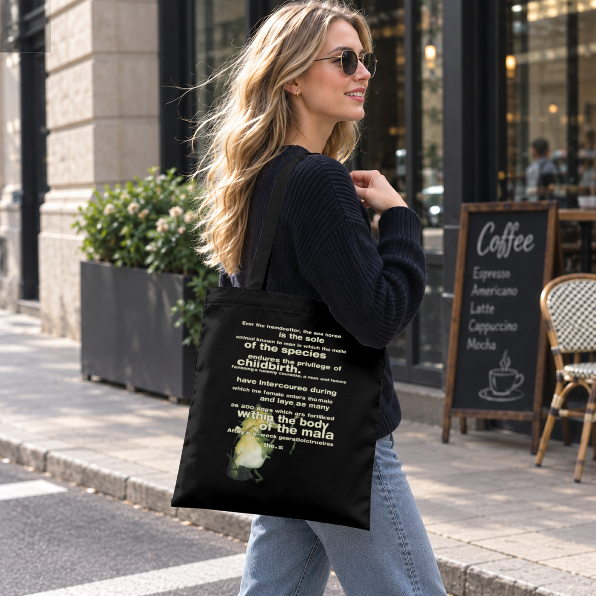 Nirvana Seahorse Graphic Canvas Tote Bag — a seahorse-themed Nirvana design