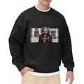 A pigtail portrait layered over rectangular newspaper-style lettering printed on a men's crewneck sweatshirt, shown in a front model photo