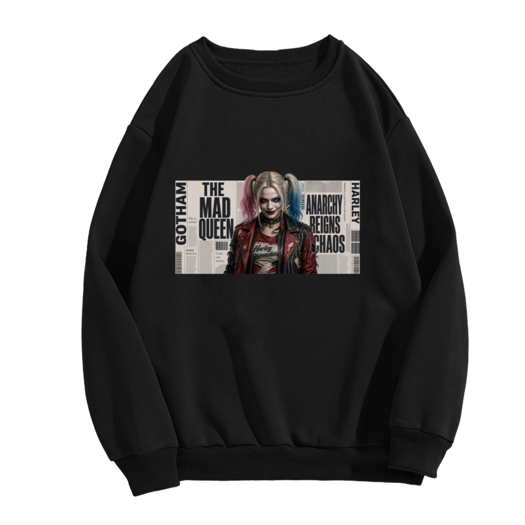 Unworn men's crewneck sweatshirt, front view of the design depicting a pigtail portrait layered over rectangular newspaper-style lettering