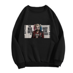 Unworn men's crewneck sweatshirt, front view of the design depicting a pigtail portrait layered over rectangular newspaper-style lettering
