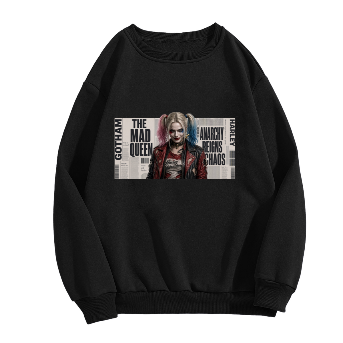 Unworn men's crewneck sweatshirt, front view of the design depicting a pigtail portrait layered over rectangular newspaper-style lettering