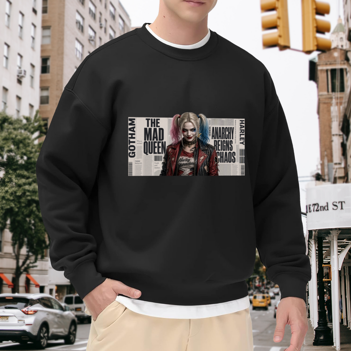 On-location model photograph displaying a pigtail portrait layered over rectangular newspaper-style lettering on the front of a men's crewneck sweatshirt
