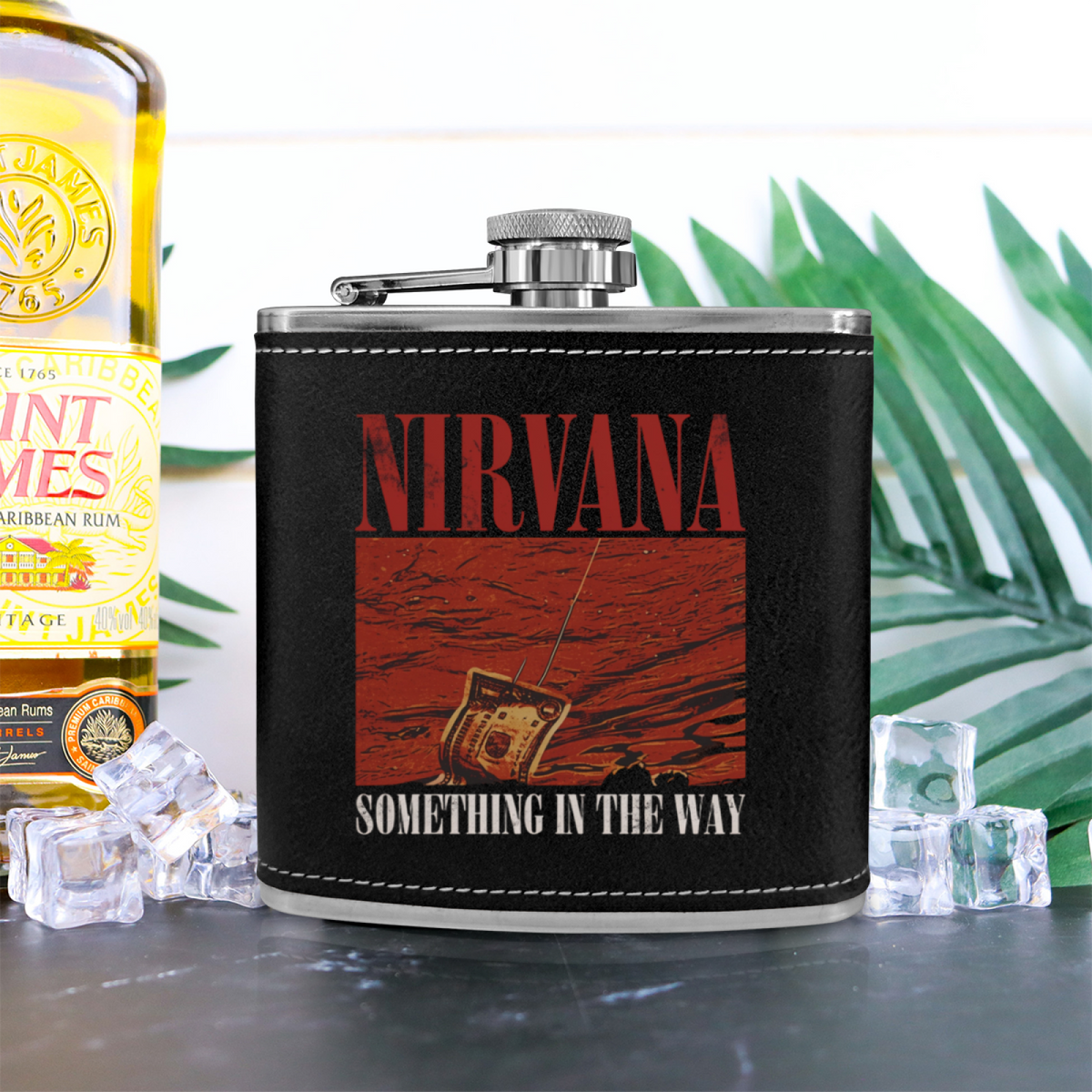 Nirvana Something in the Way 6oz vintage-style stainless steel hip flask product image