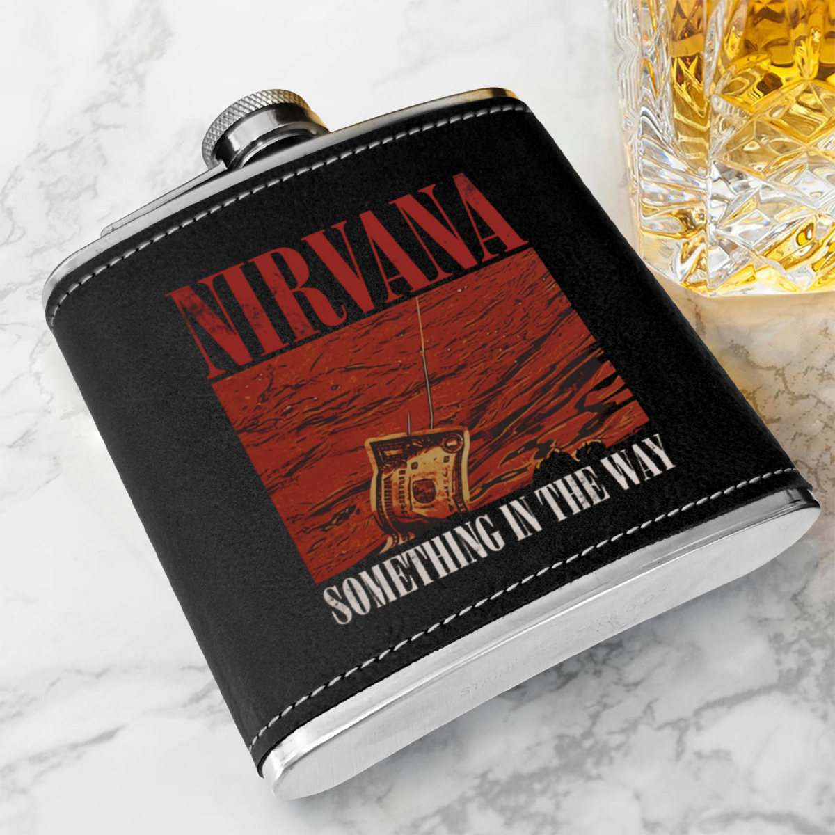 Nirvana Something in the Way 6oz vintage-style stainless steel hip flask product image