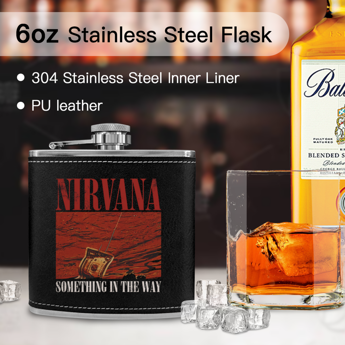 Nirvana Something in the Way 6oz vintage-style stainless steel hip flask product image