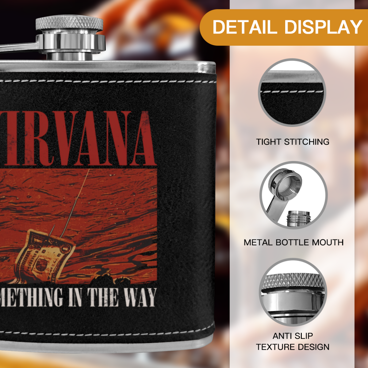 Nirvana Something in the Way 6oz vintage-style stainless steel hip flask product image