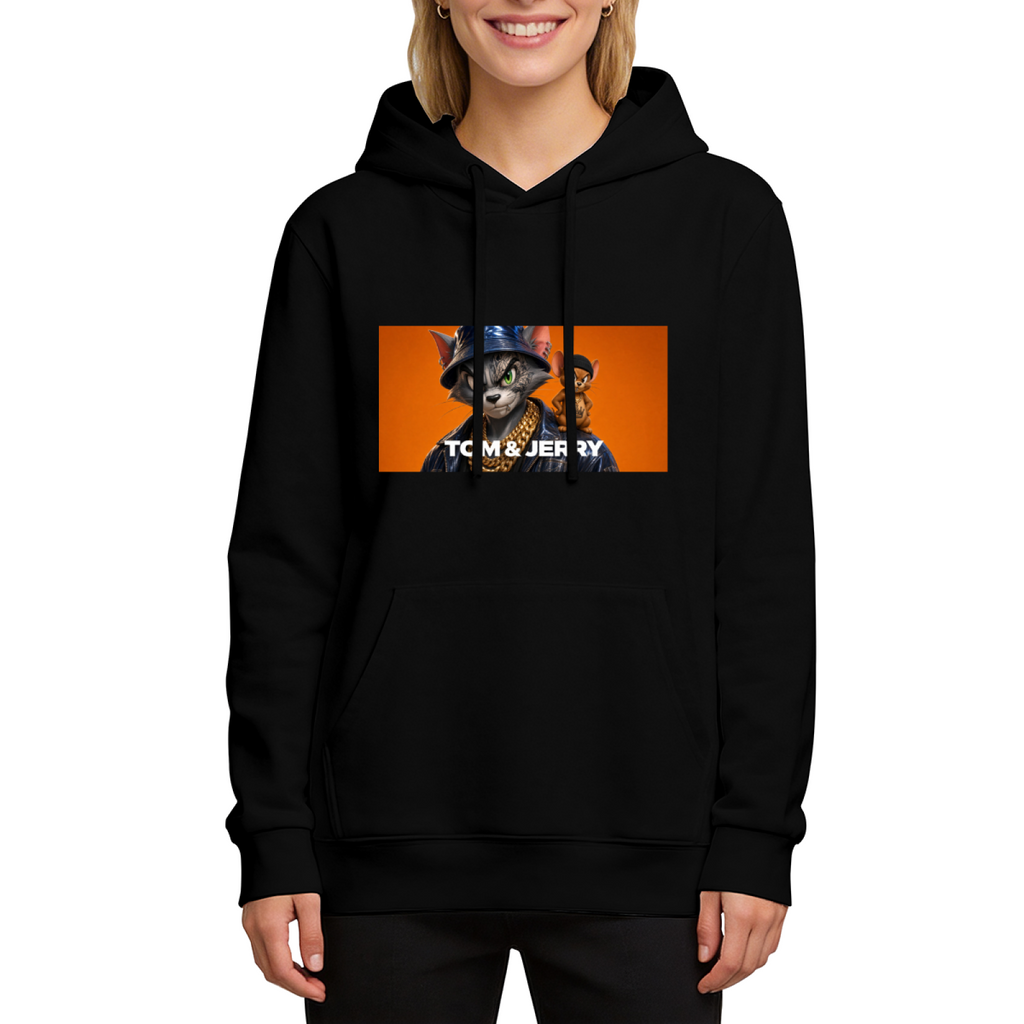 A cat wearing a bucket hat beside a mouse in a rectangular panel printed on a women's hoodie, shown in a front model photo