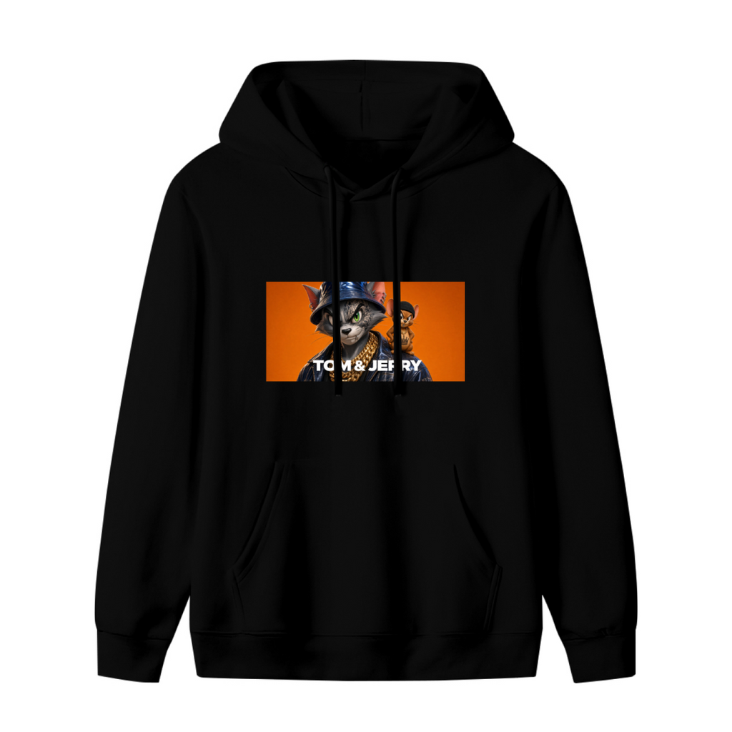 Unworn women's hoodie, front view of the design depicting a cat wearing a bucket hat beside a mouse in a rectangular panel