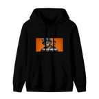 Unworn women's hoodie, front view of the design depicting a cat wearing a bucket hat beside a mouse in a rectangular panel