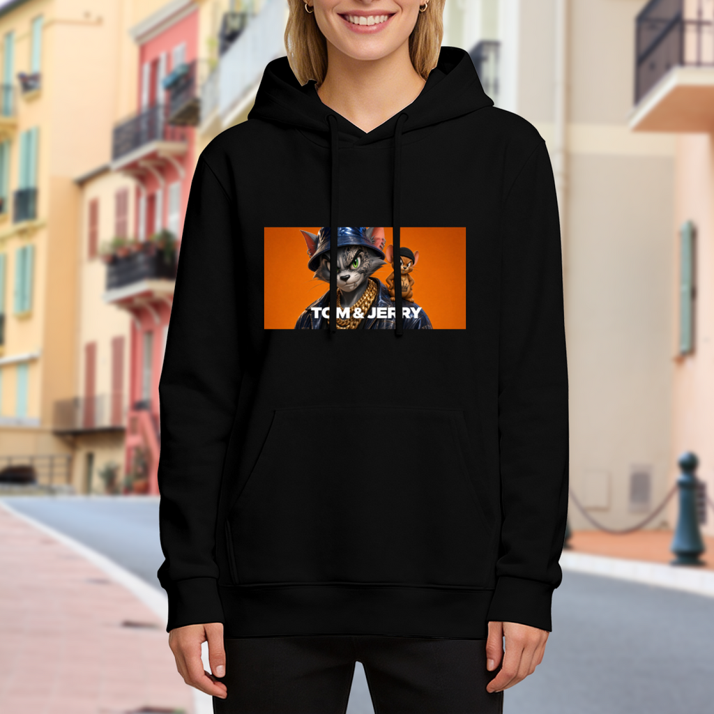 On-location model photograph displaying a cat wearing a bucket hat beside a mouse in a rectangular panel on the front of a women's hoodie