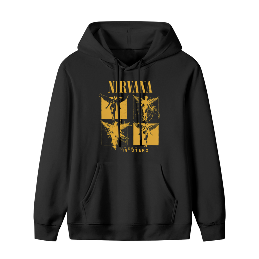 Hoodie product image with in utero four panel yellow angel artwork, black colorway