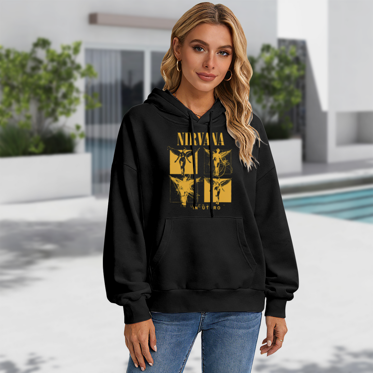 Hoodie product image with in utero four panel yellow angel artwork
