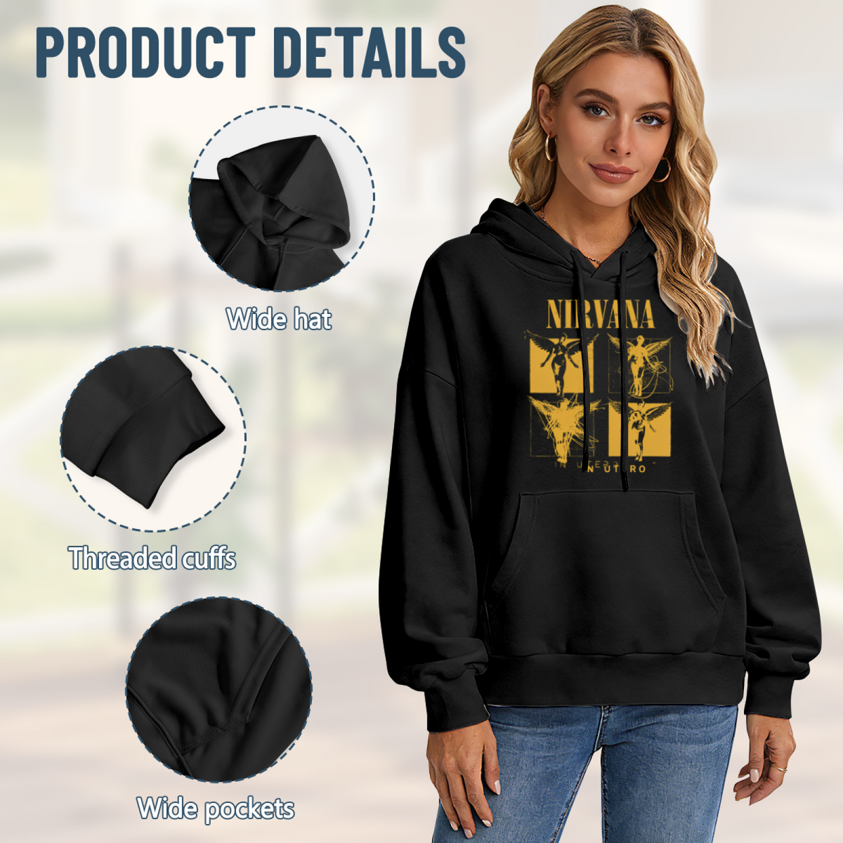 Hoodie product image with in utero four panel yellow angel artwork
