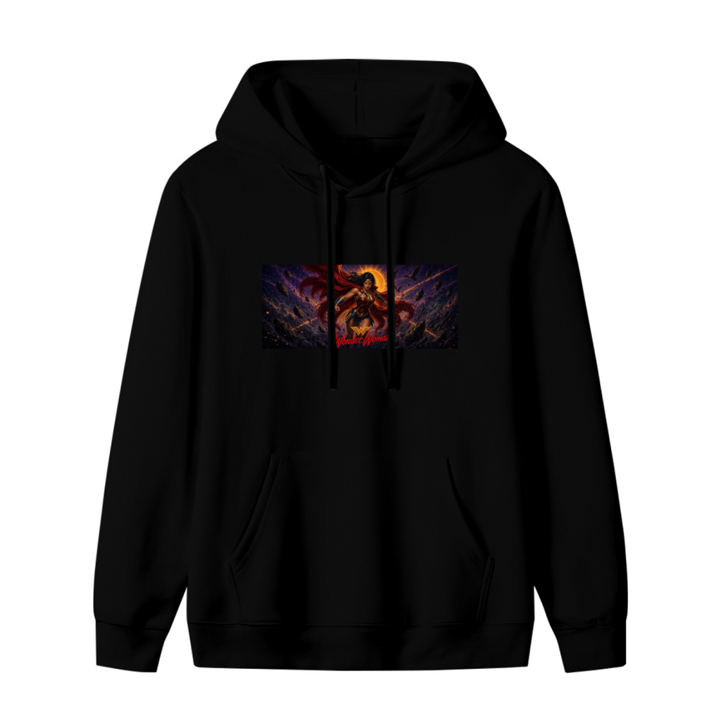 Women's hoodie photographed alone, with a lasso-wielding warrior in a wide cosmic action scene on the front
