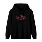 Women's hoodie photographed alone, with a lasso-wielding warrior in a wide cosmic action scene on the front