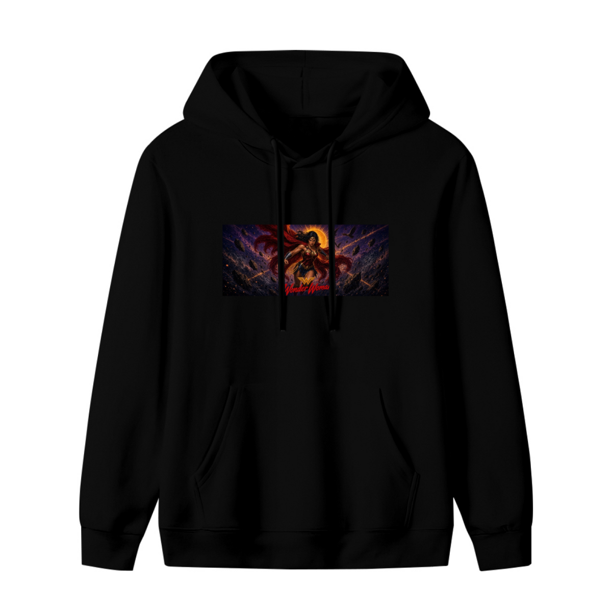 Women's hoodie photographed alone, with a lasso-wielding warrior in a wide cosmic action scene on the front