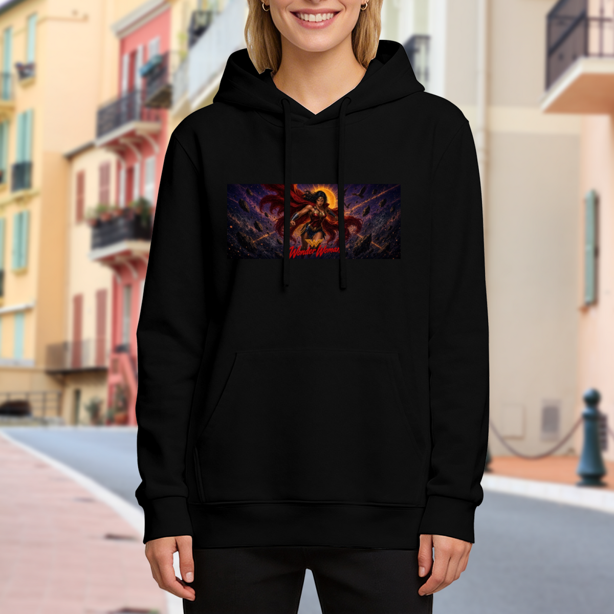 Lifestyle image outdoors: women's hoodie with a front graphic of a lasso-wielding warrior in a wide cosmic action scene