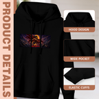 Feature collage for the women's Warrior in Cosmic Motion hoodie: hood shape, pouch pocket and cuff finishing