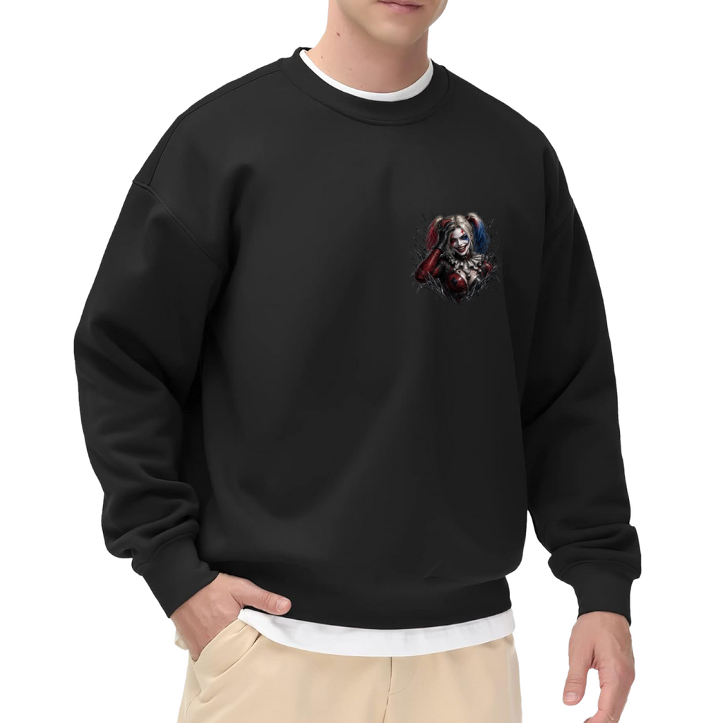 Men's crewneck sweatshirt seen on a model, its front graphic depicting a pigtail portrait with a sly smile and rough-edged details