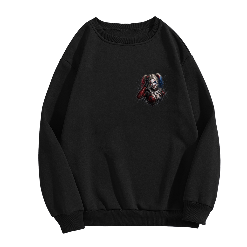 Front garment photograph: men's crewneck sweatshirt decorated with a pigtail portrait with a sly smile and rough-edged details