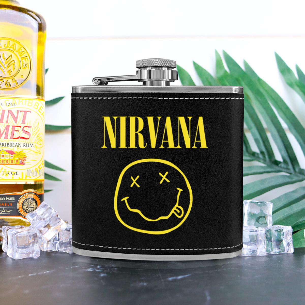 Nirvana Classic Smiley 6oz vintage-style stainless steel hip flask product image