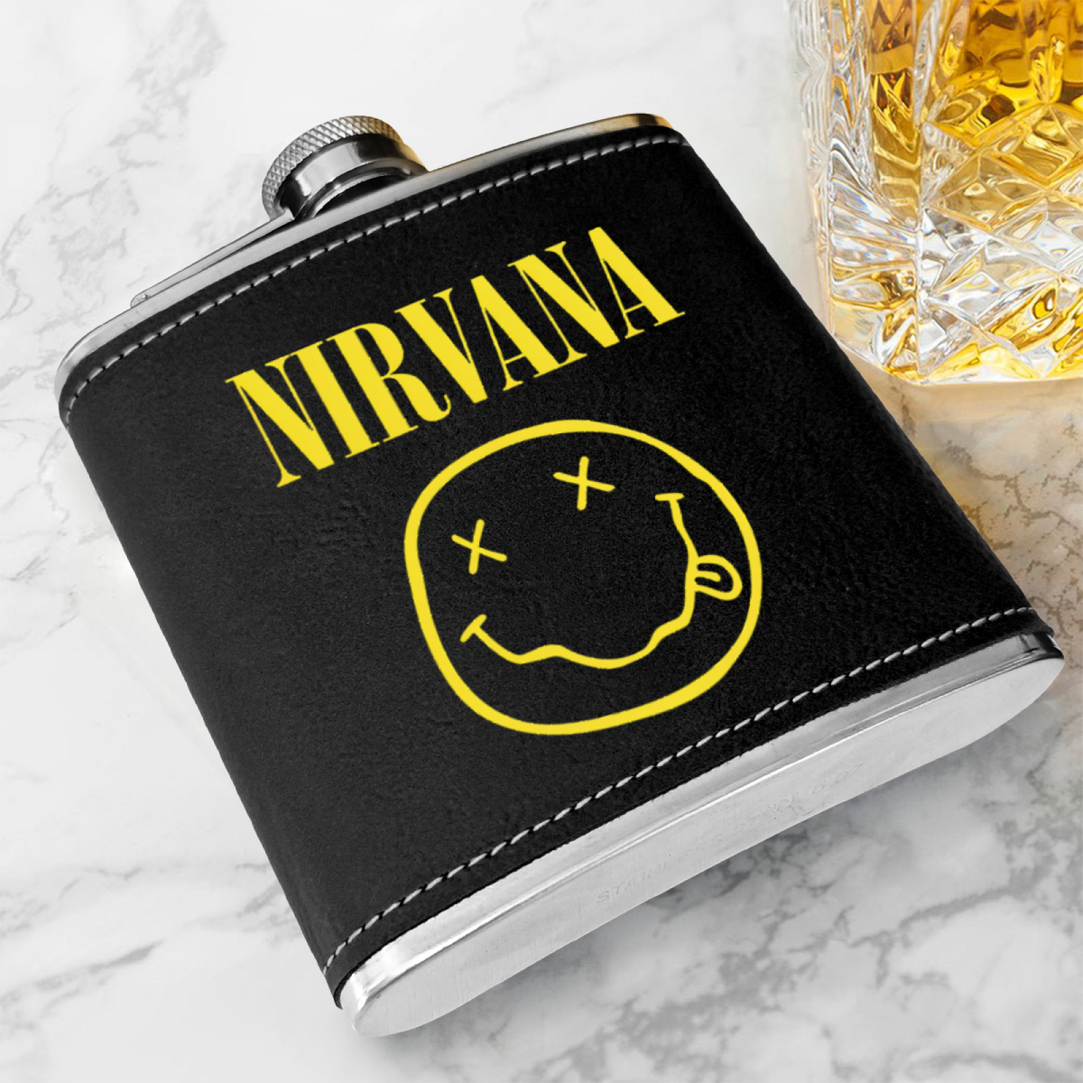 Nirvana Classic Smiley 6oz vintage-style stainless steel hip flask product image