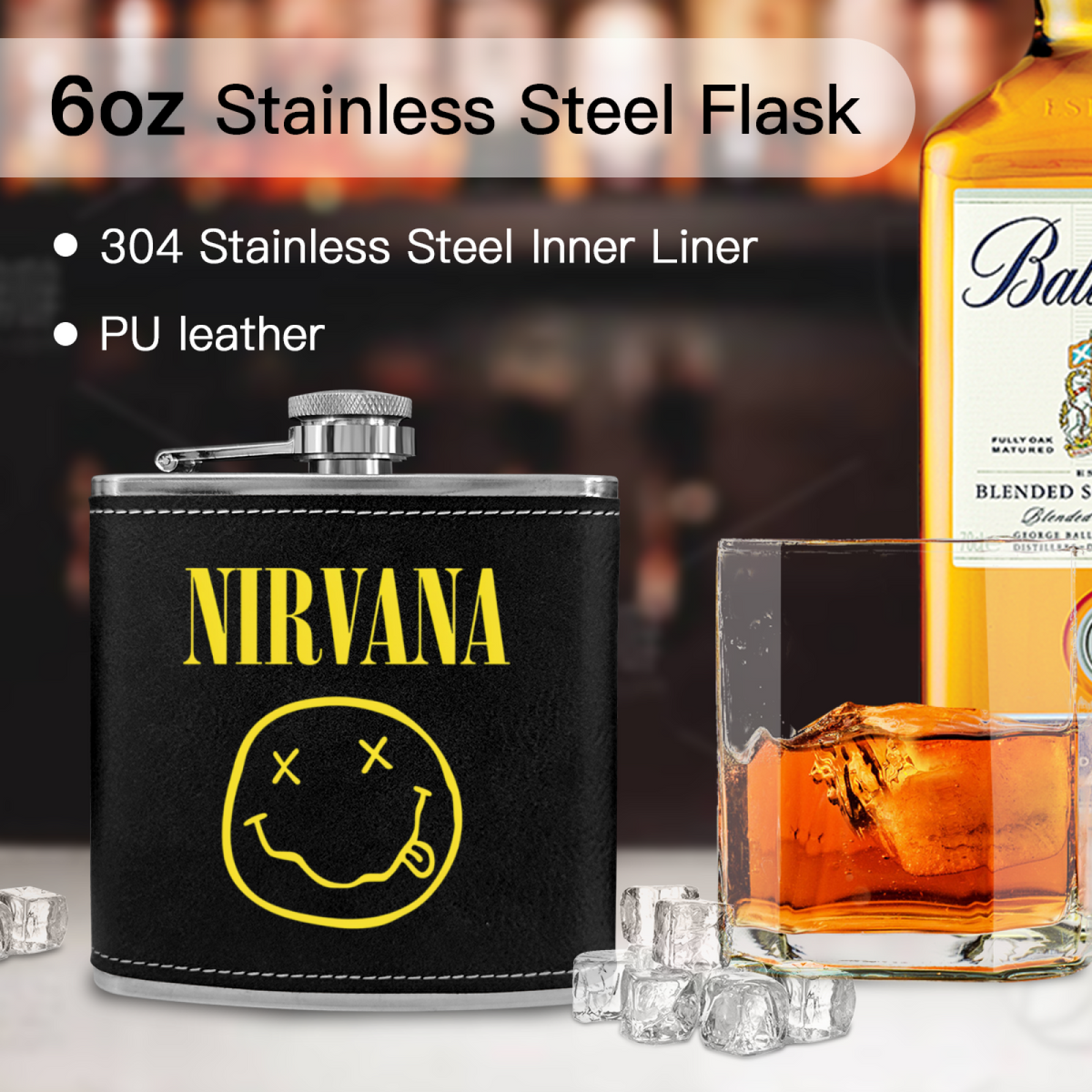 Nirvana Classic Smiley 6oz vintage-style stainless steel hip flask product image