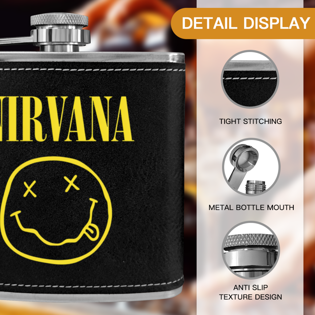 Nirvana Classic Smiley 6oz vintage-style stainless steel hip flask product image
