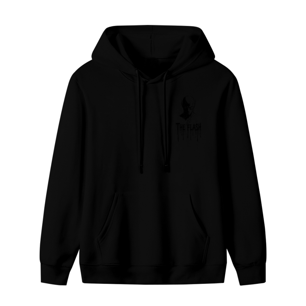Unworn men's hoodie, front view of the design depicting a small masked silhouette with lightning-themed ink lettering