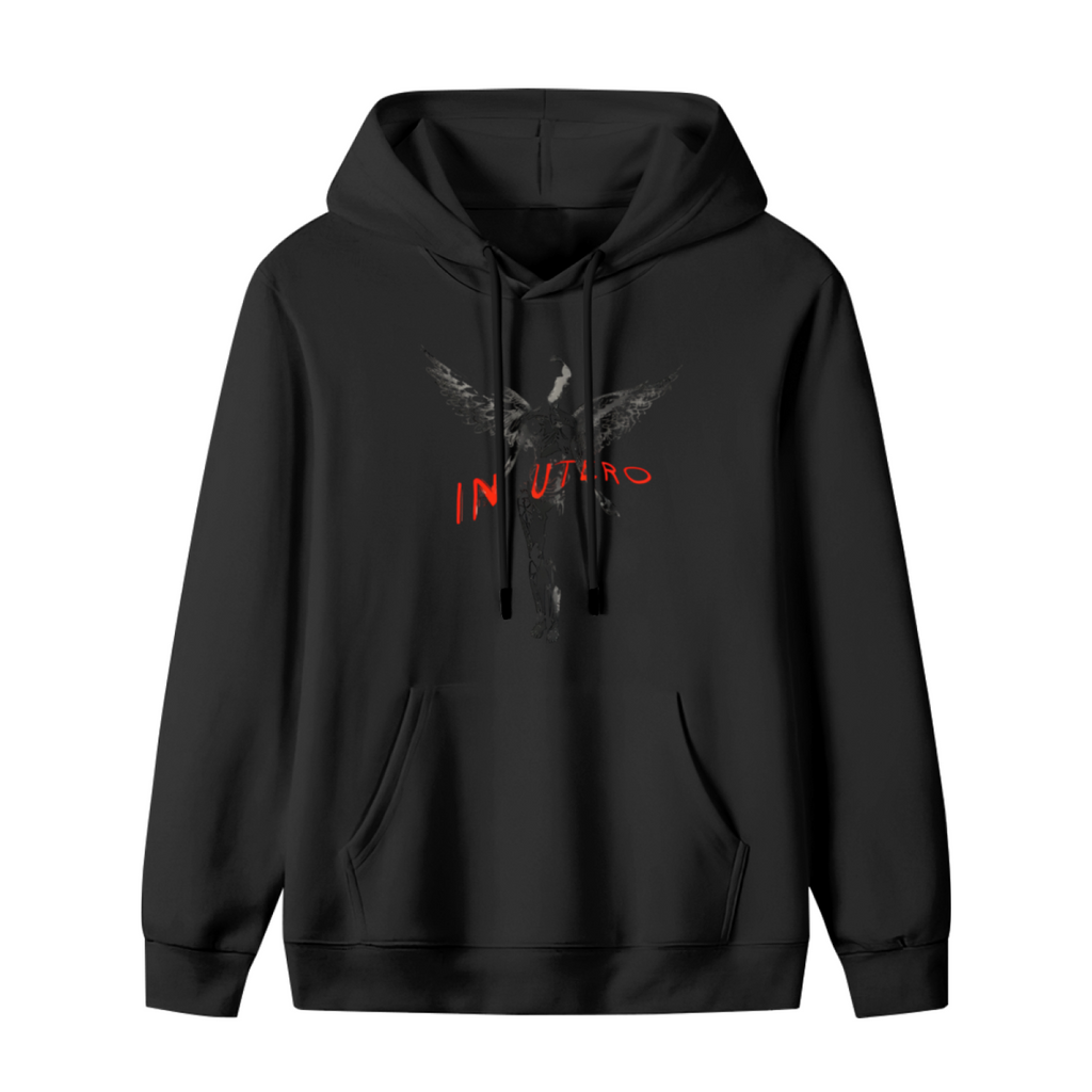 Hoodie product image with in utero dark angel red lettering artwork, black colorway
