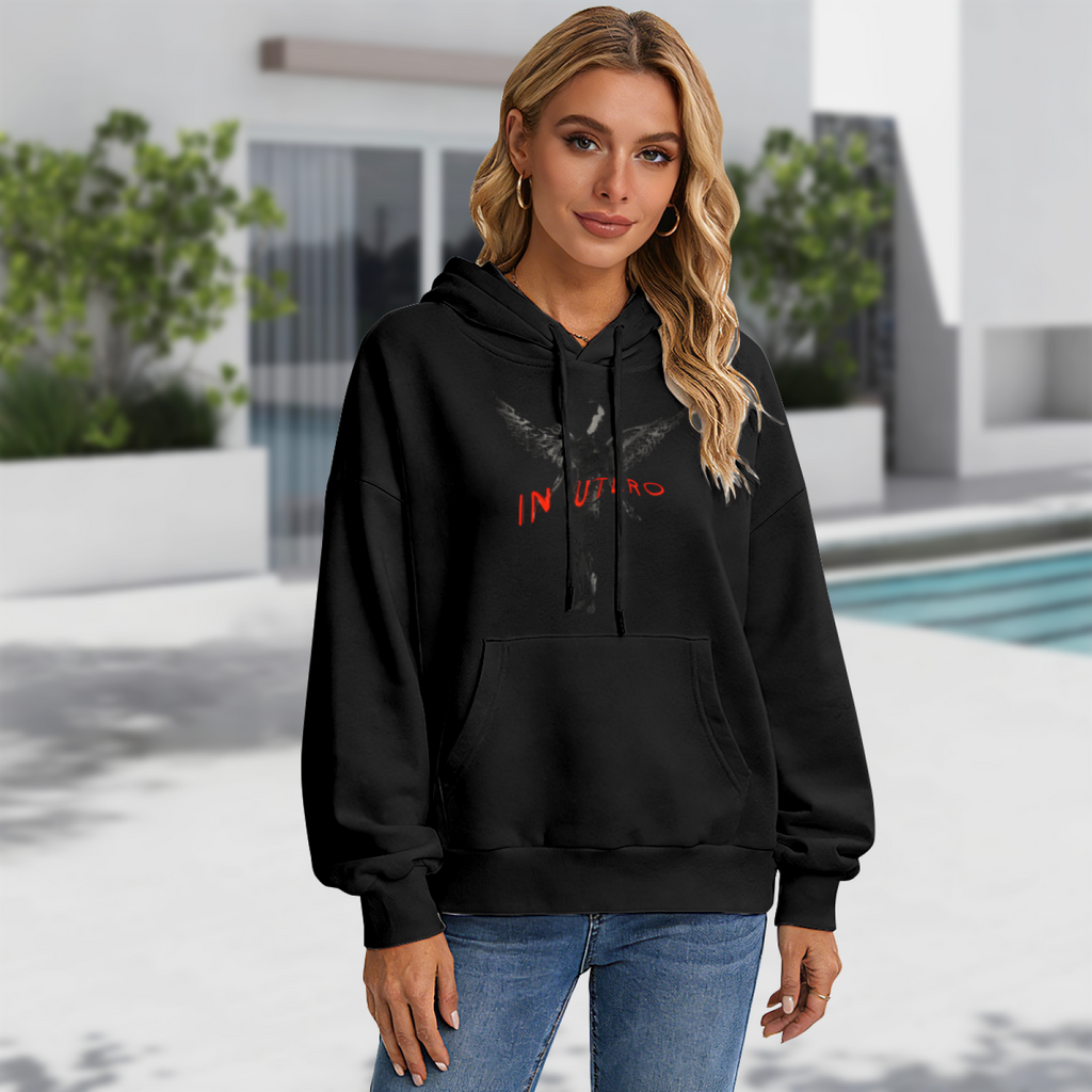 Hoodie product image with in utero dark angel red lettering artwork