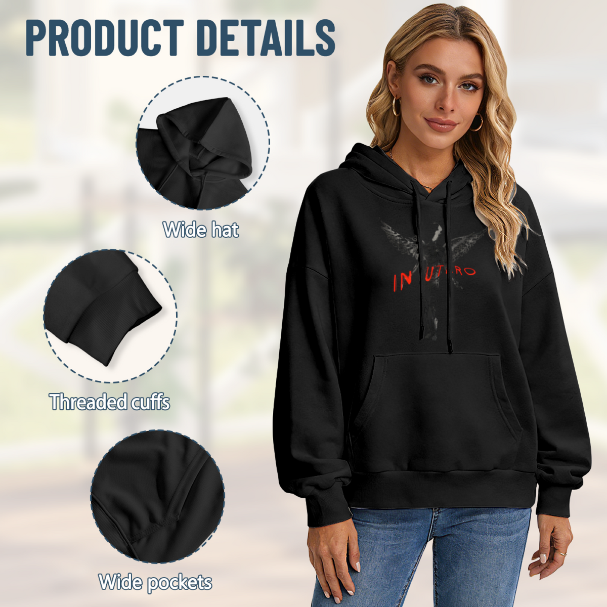 Hoodie product image with in utero dark angel red lettering artwork