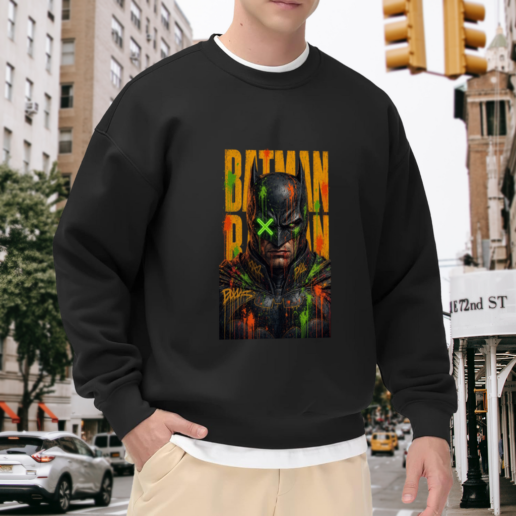 Lifestyle image outdoors: men's crewneck sweatshirt with a front graphic of a tall graffiti-style cowl portrait with a green X across the eyes
