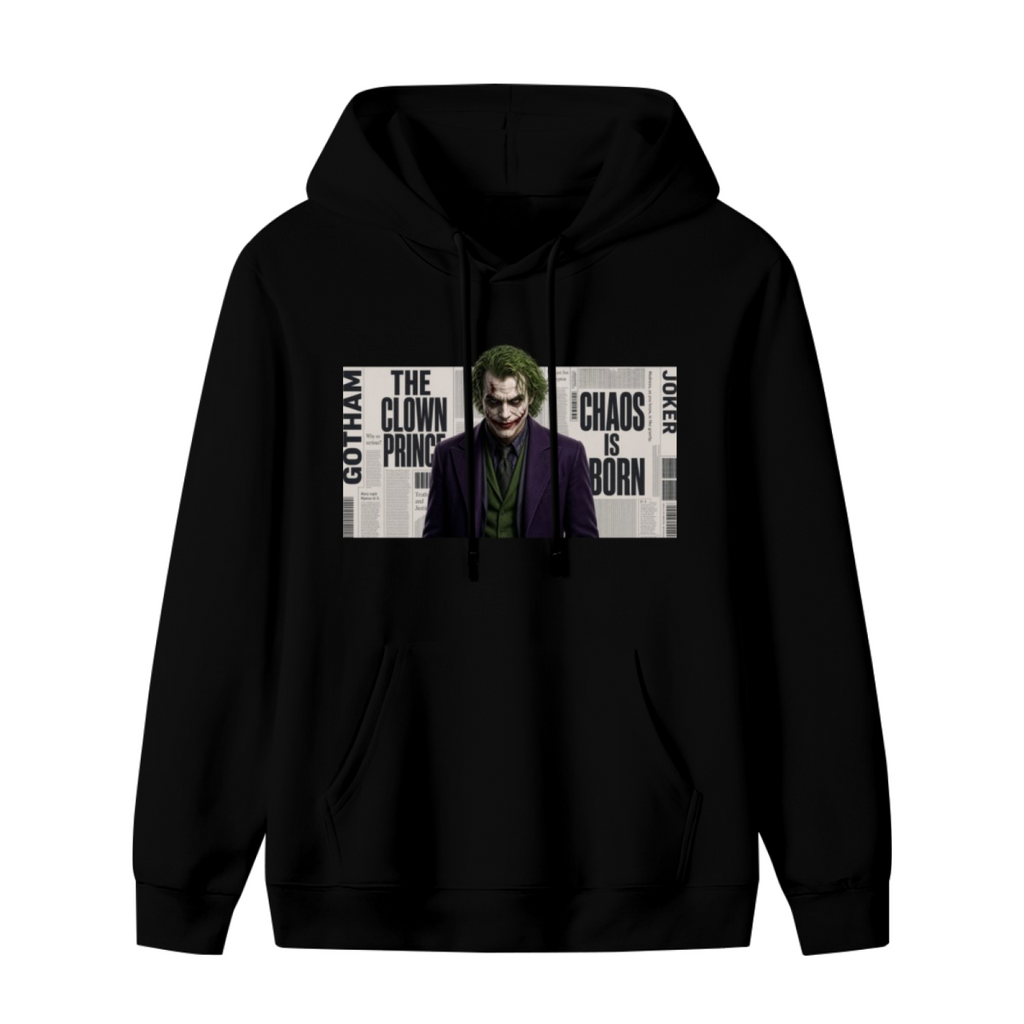 Standalone men's hoodie front displaying a graphic of a suited clown portrait against a newspaper-style text collage