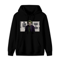 Standalone men's hoodie front displaying a graphic of a suited clown portrait against a newspaper-style text collage